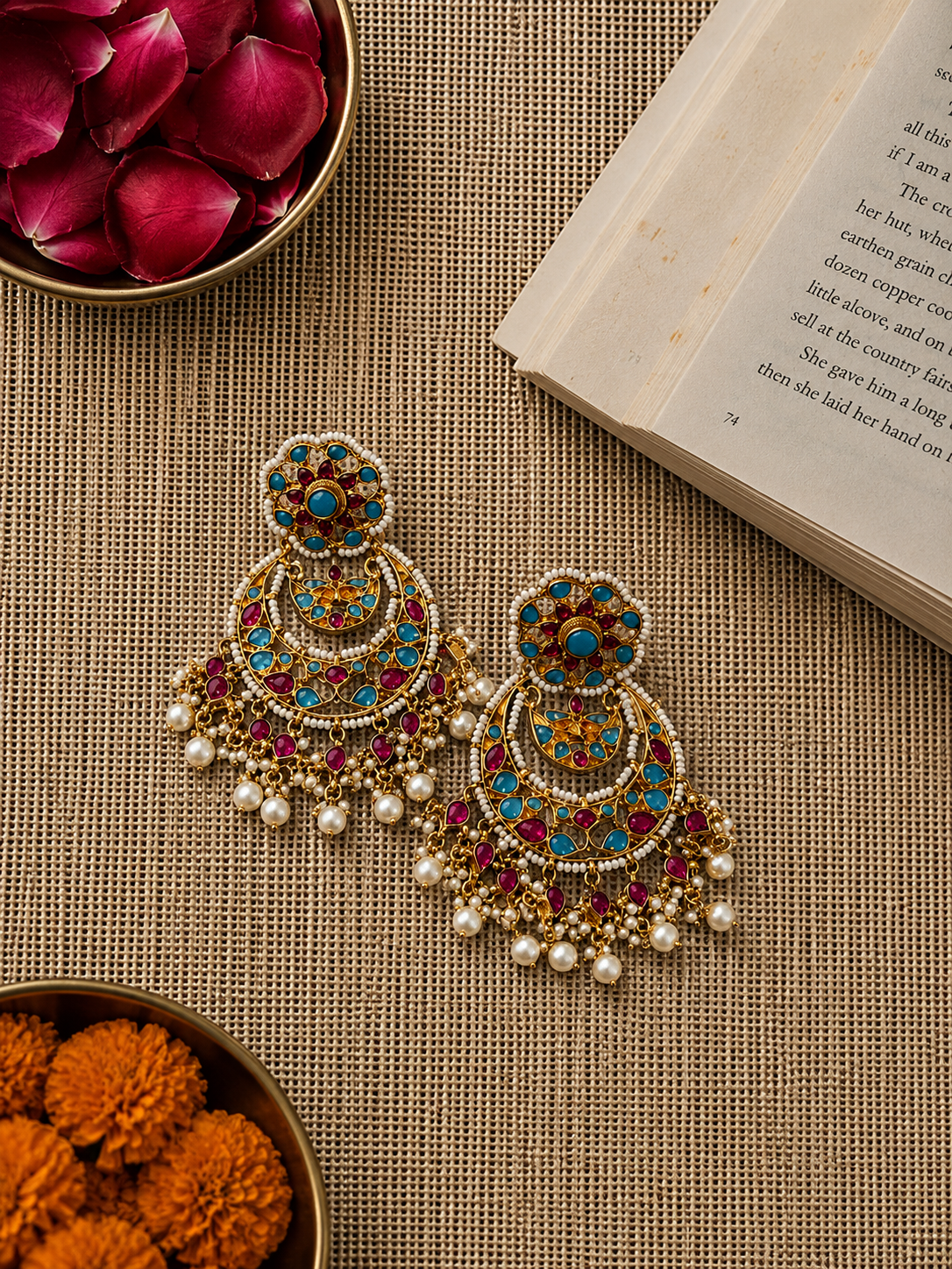 
Handcrafted turquoise and ruby Polki Chandbali earrings with pearl drops and intricate traditional detailing by Naazuk