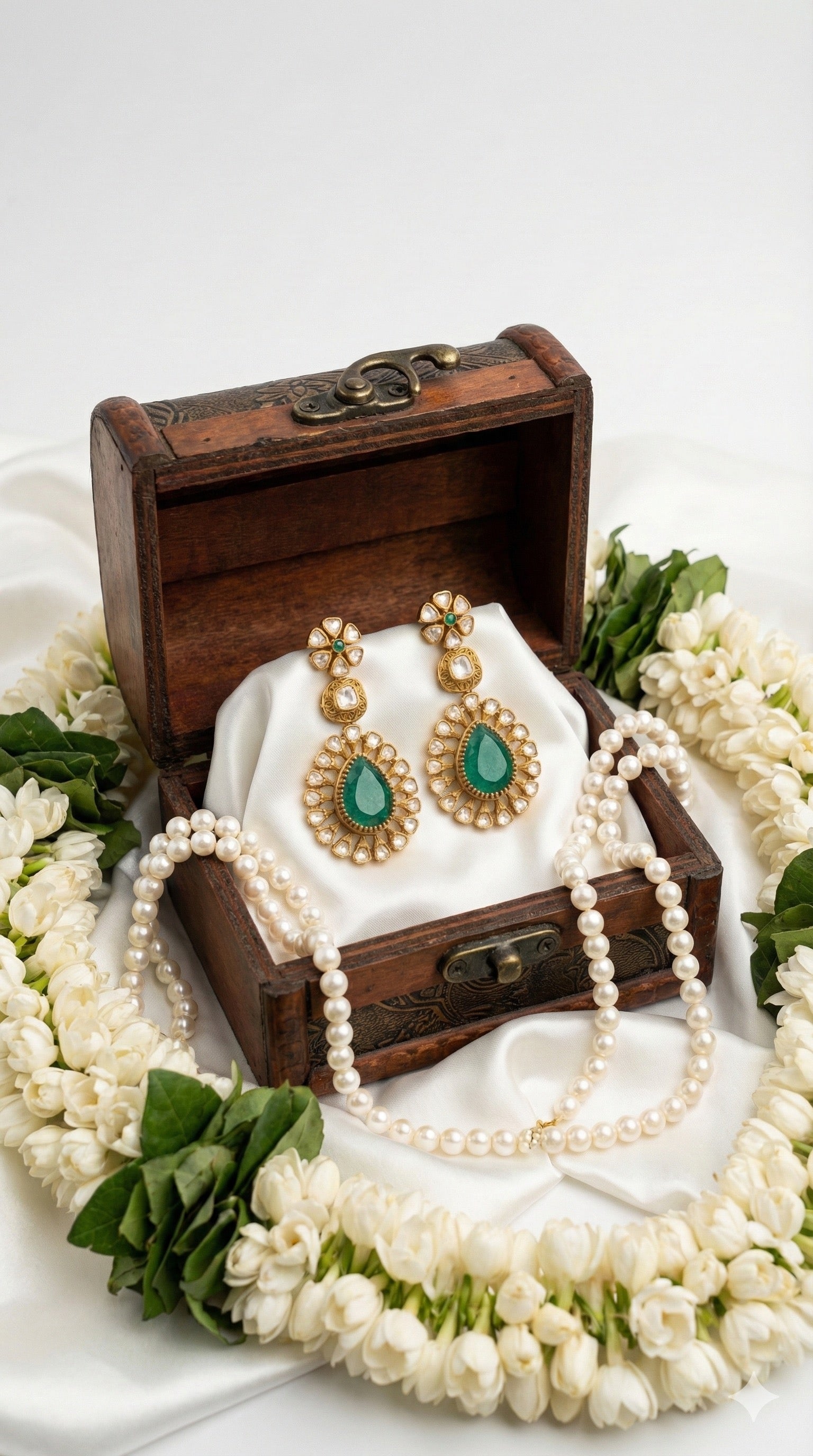 Jewelry set with emerald green earrings and pearl necklace on a wooden chest surrounded by white flowers.
