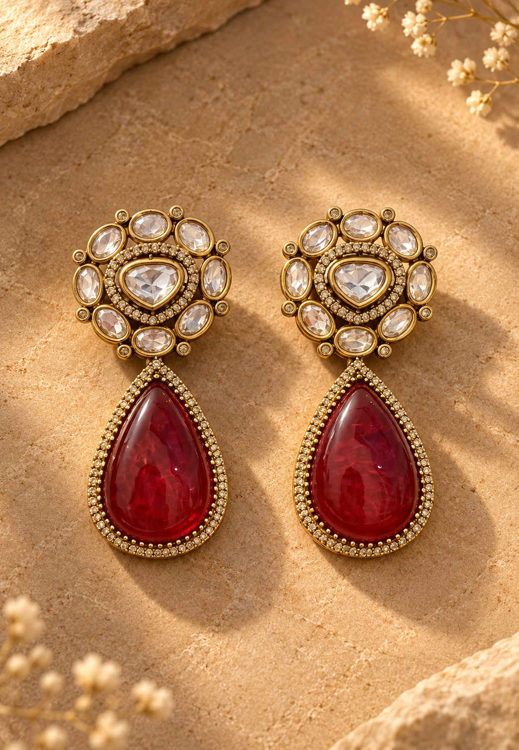 A pair of ornate gold-toned drop earrings with clear pavé-set stones at the top and large teardrop-shaped deep red stones below, displayed on a sandy beige surface with small dried flowers.