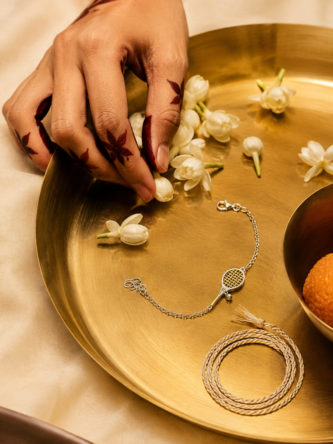 925 Sterling Silver Tennis Racket Rakhi for Brother displayed on a festive brass thali with jasmine flowers for Raksha Bandhan.