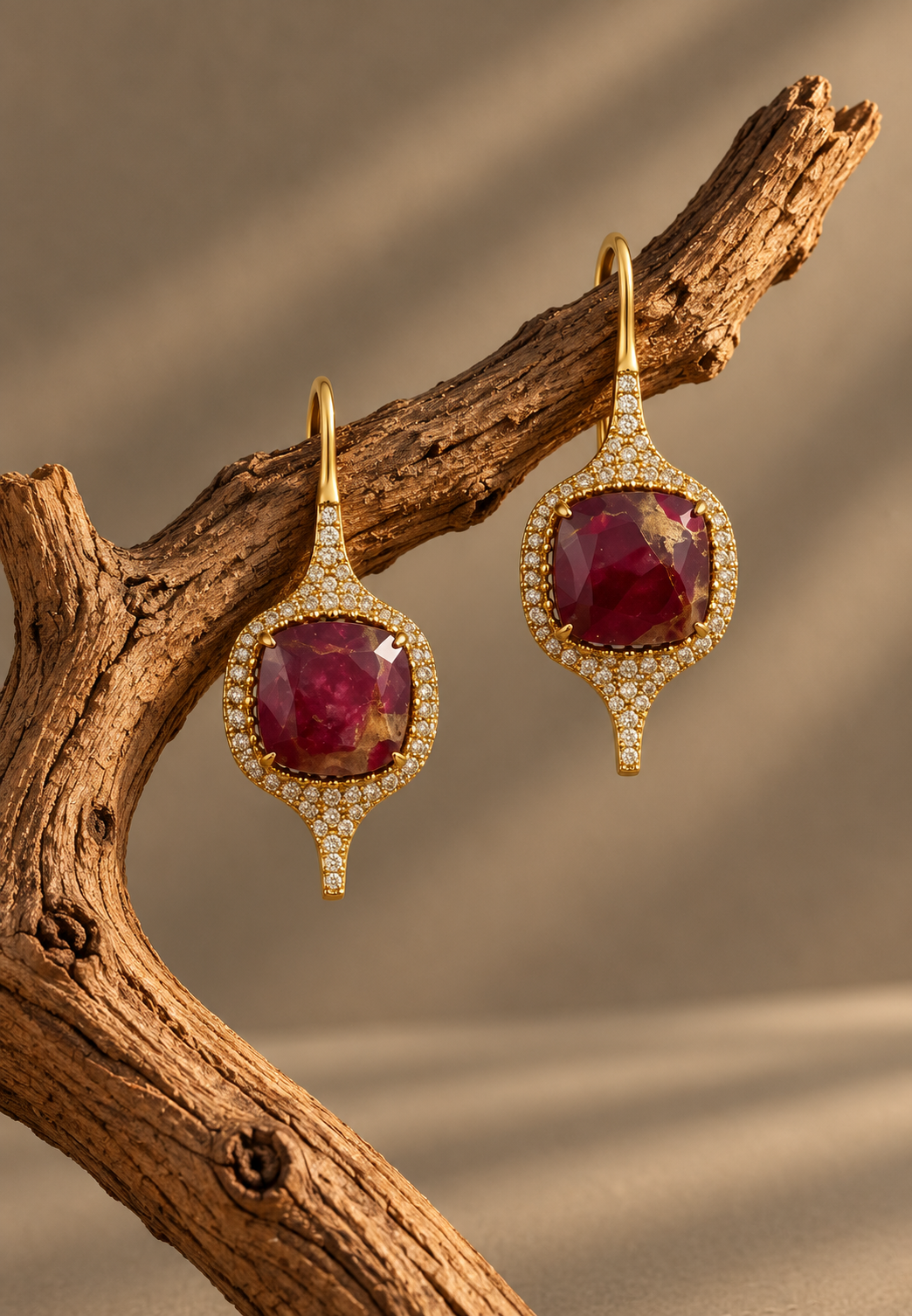 A close-up lifestyle shot of a woman wearing a gold teardrop-shaped drop earring with a light blue cabochon stone and small clear crystals.