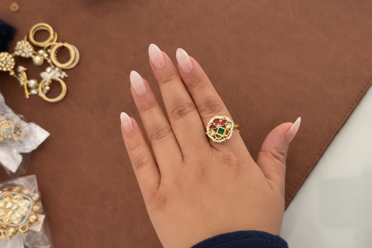 Hand wearing gold rings with gemstones on a brown background