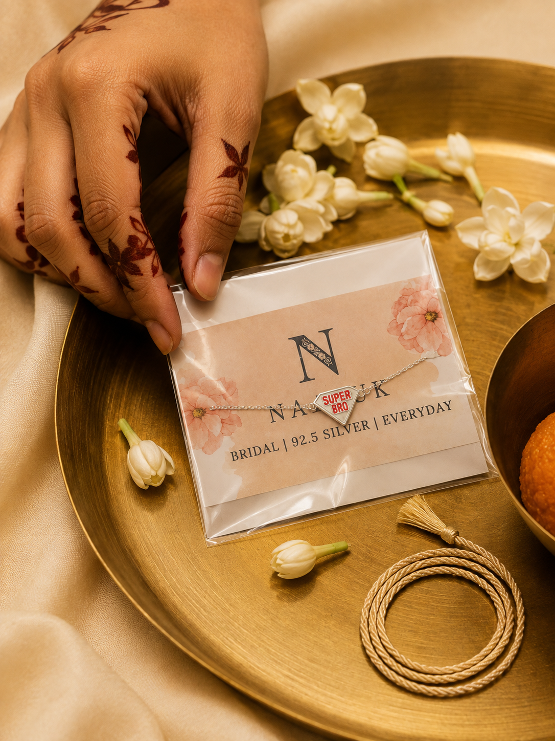 A close-up of a hand with henna holding a packaged necklace on a gold tray, surrounded by white flowers and a coiled cord. The card reads 'N A N K' with 'BRIDAL | 92.