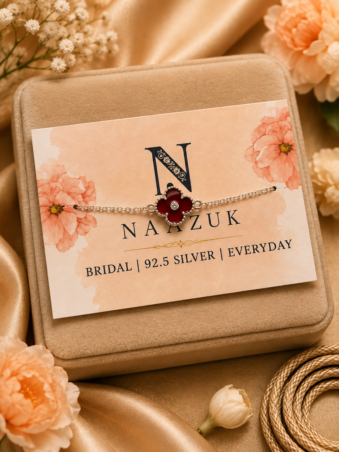 925 Sterling Silver Red Clover Bracelet for sister displayed in premium festive packaging, an elegant Raksha Bandhan gift from brother.